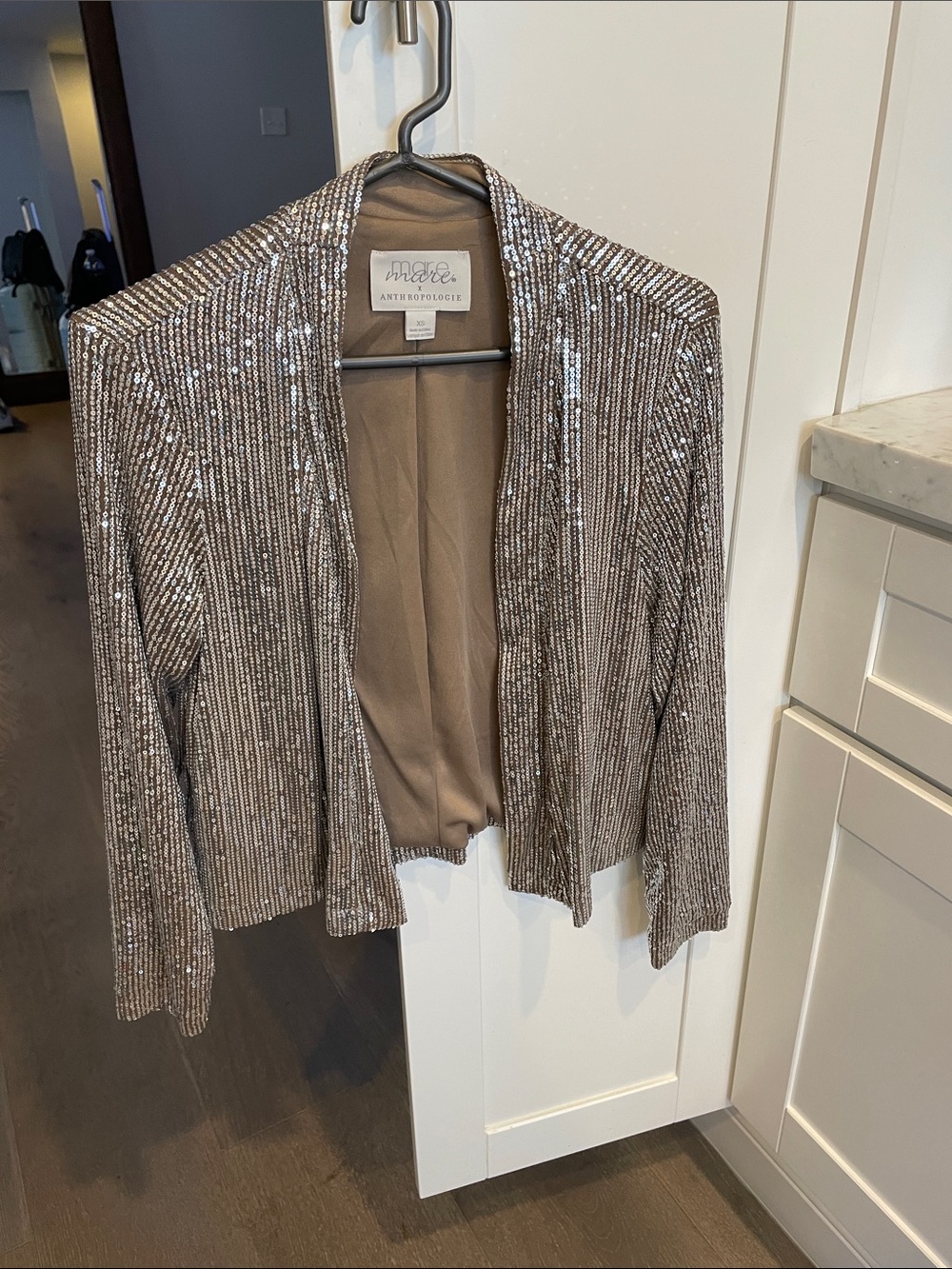 Anthropologie Metallic Taupe Sequin Open-Front Blazer